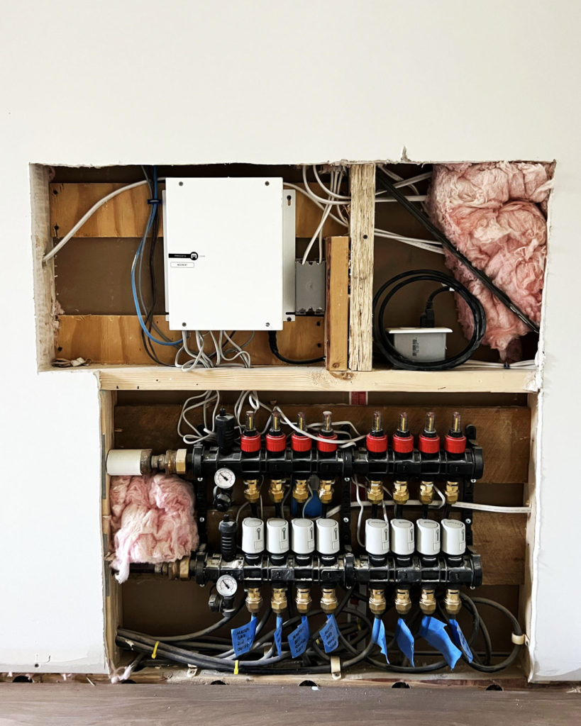 Hydronic manifold for a radiant floors and hydronic fan coils managed via Messana Controls.