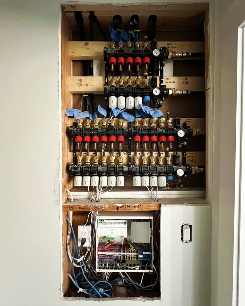 Hydronic manifold for a radiant floors and hydronic fan coils managed via Messana Controls.