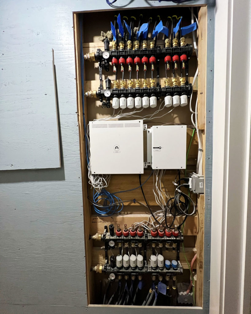 Hydronic manifold for a radiant floors and hydronic fan coils managed via Messana Controls.