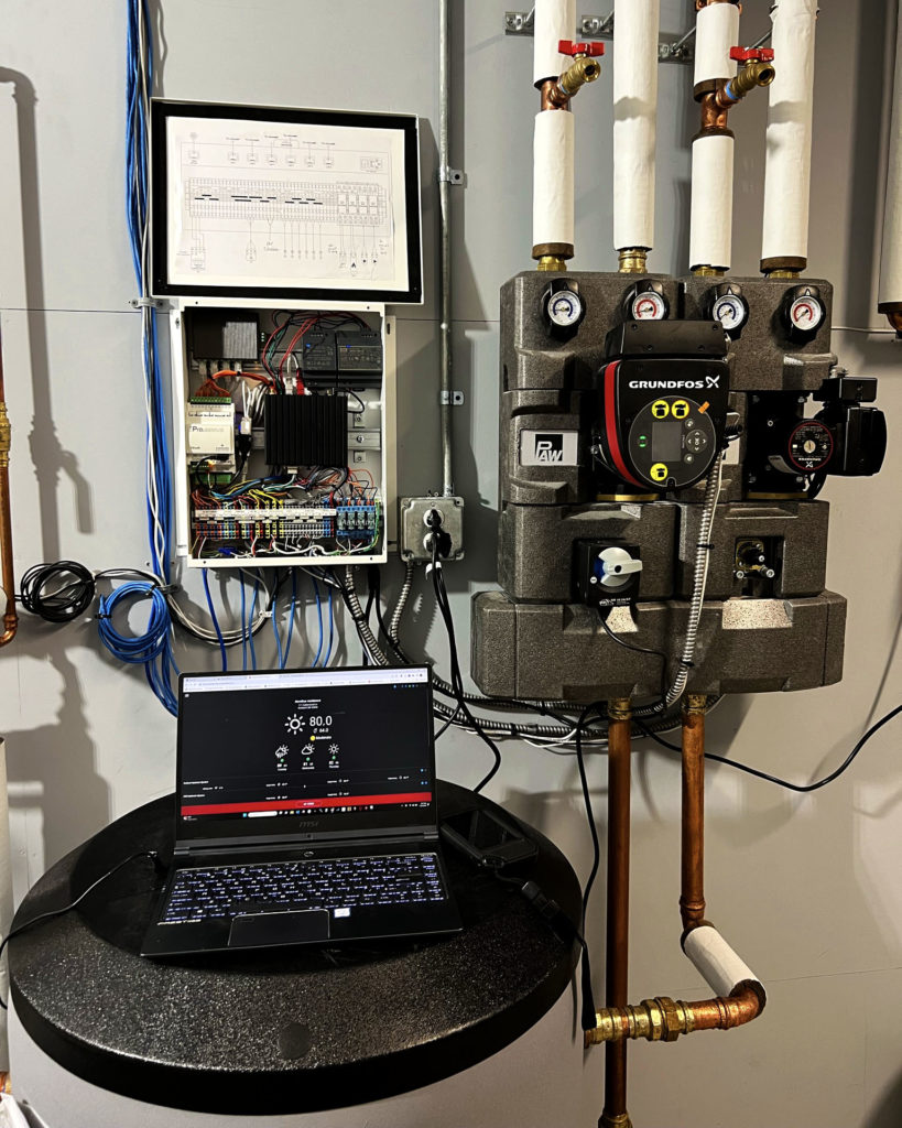 Messana Controls mBox used to manage hydronic heating and cooling via a radiant ceiling, radiant floor, and hydronic fan coils. Radiant cooling and radiant heating.