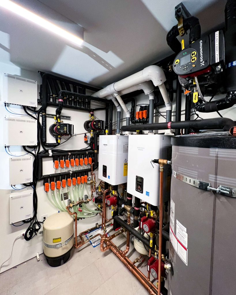 Mech room for hydronic heating and cooling, provided via a Ray Magic® radiant ceiling (H/C), radiant floor (H/C), and hydronic fan coil units (H/C) to serve 20 zones!
